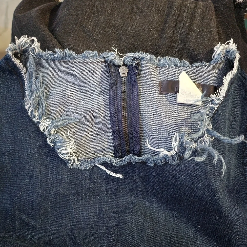 Colorblock Blue Black Denim Jean Dress Women's Large L Raw Frayed Hem Sleeveless - Picture 7 of 8